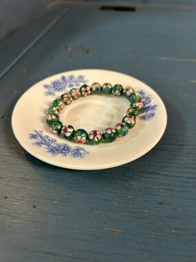 Hand Crafted Green Cloisonné Floral Bead Bracelet